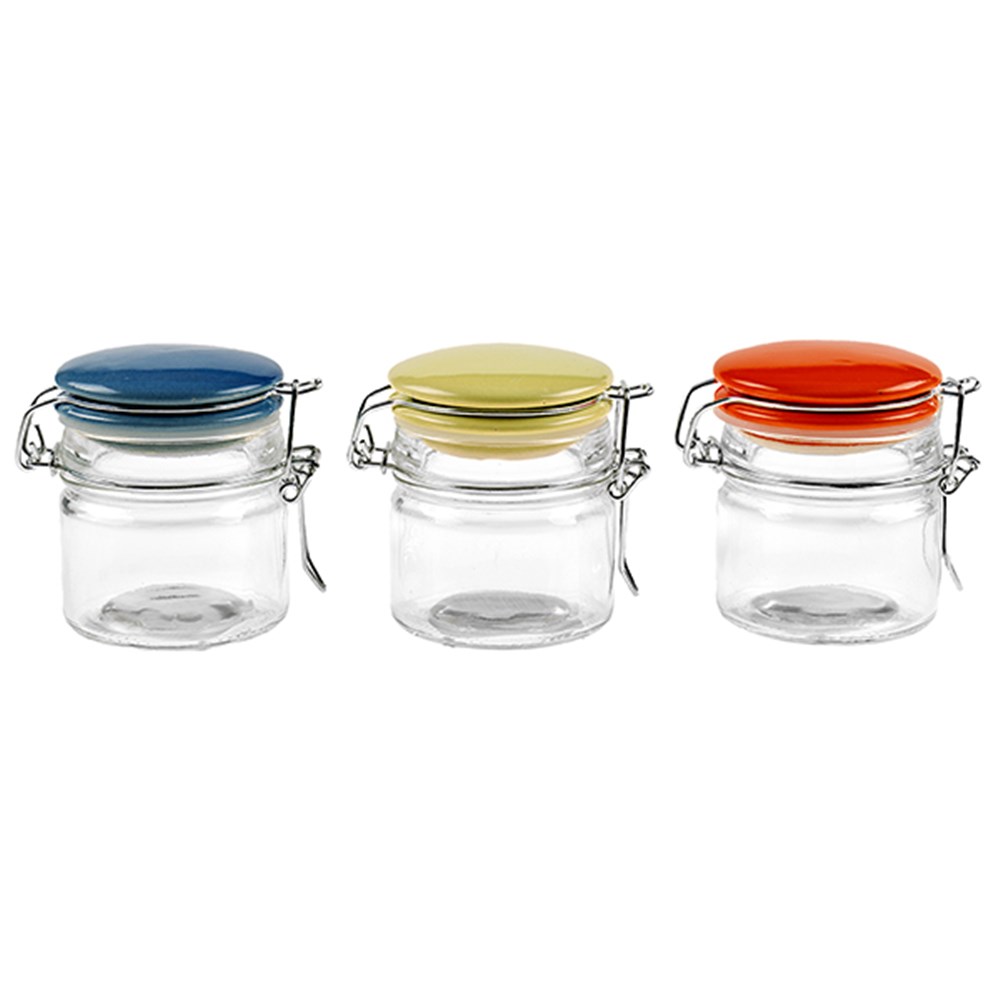61148 Glass Jar w Ceramic Clip Lid 120ml 3 Asstd Cols Dats