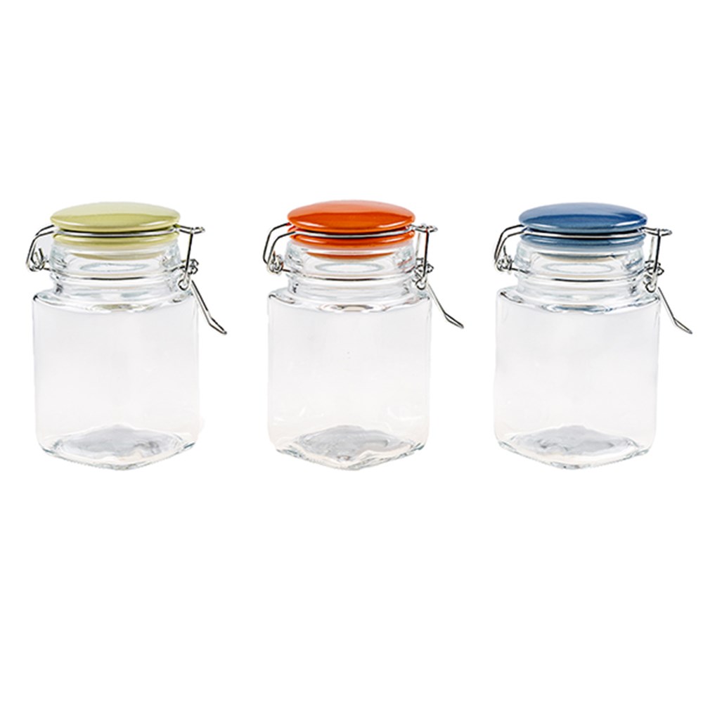 61149 Glass Jar w Ceramic Clip Lid 280ml 3 Asstd Cols Dats