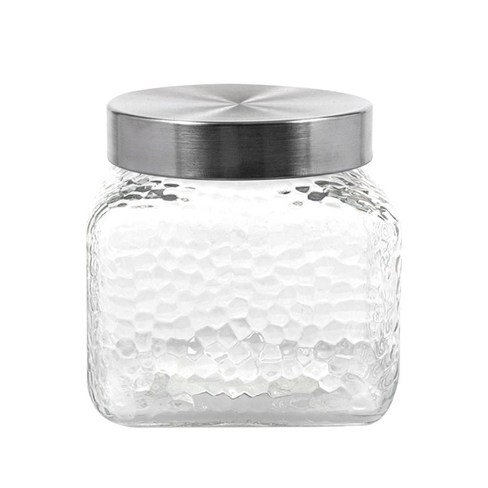 61150 Glass Jar Square Embossed w S/Steel Lid 1200ml Dats