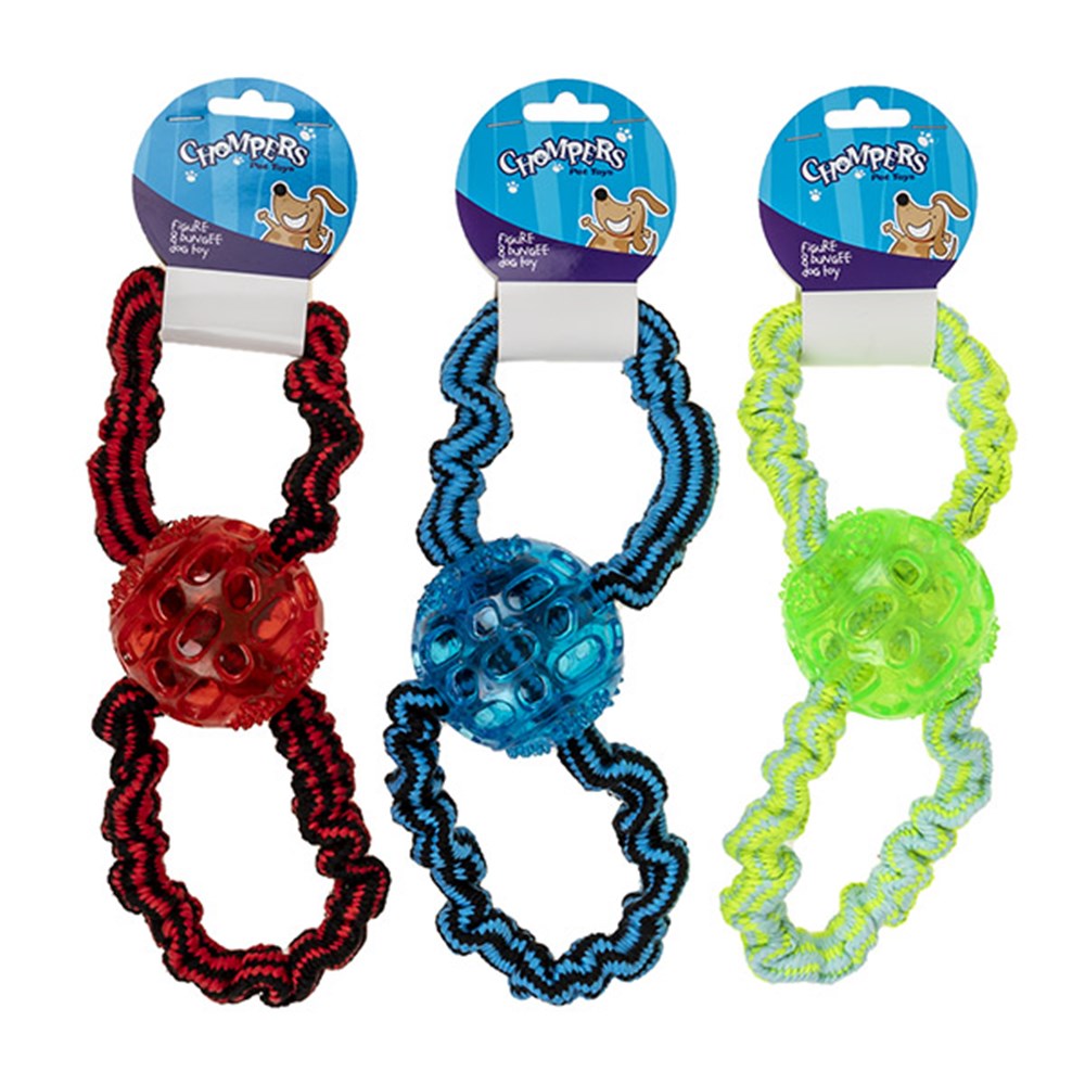 61219 Dog Toy Figure 8 Rope Bungee w Ball 27cm 3 Asstd Colours Dats