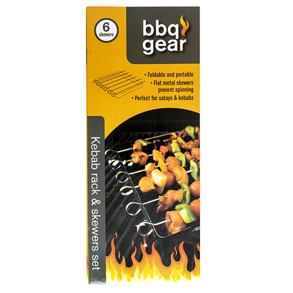61439 BBQ Kebab Rack Set w Skewers S/Steel Pk6 Dats