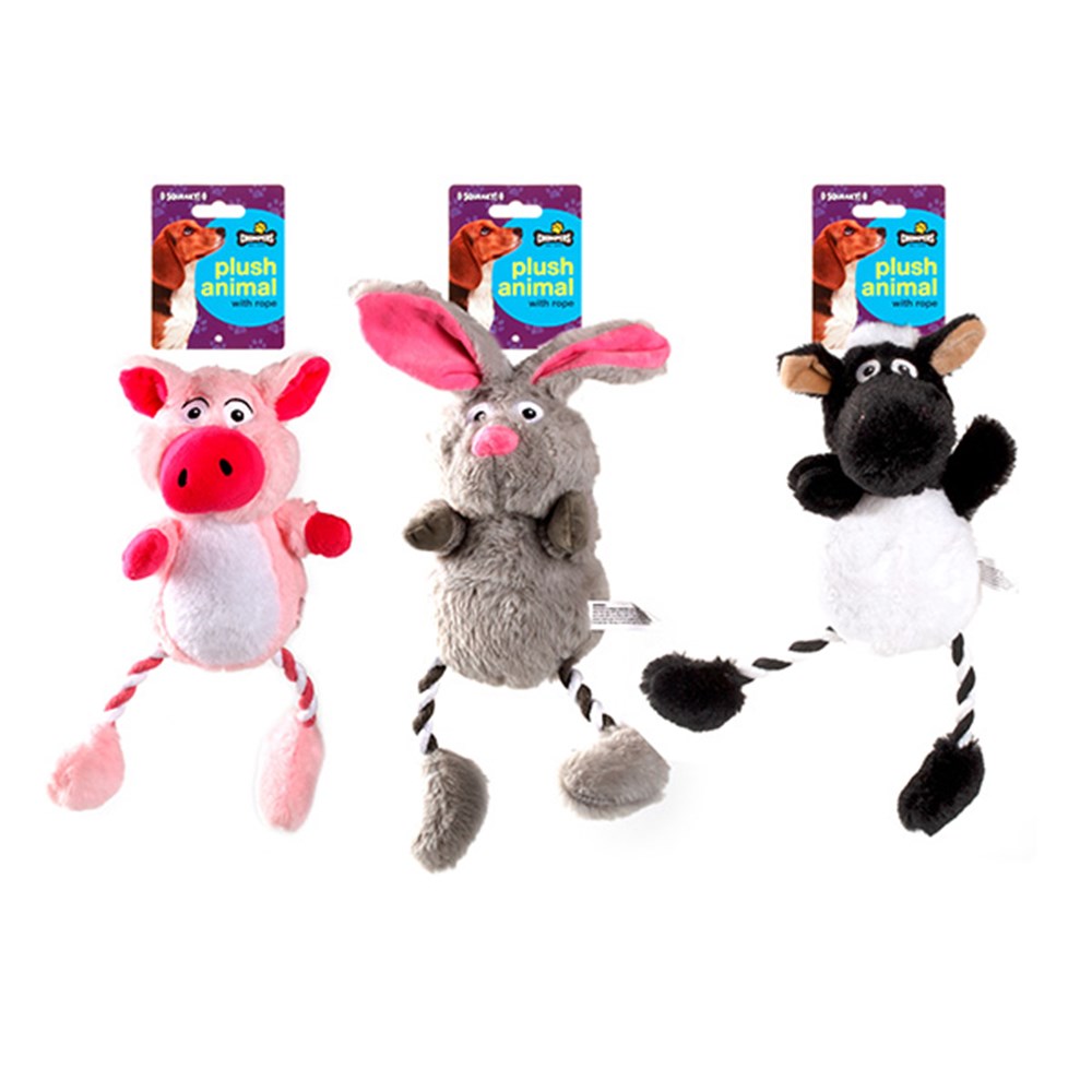 63198 Dog Toy Plush / Rope Animal Character 3 Asstd 26x19x10cm Dats