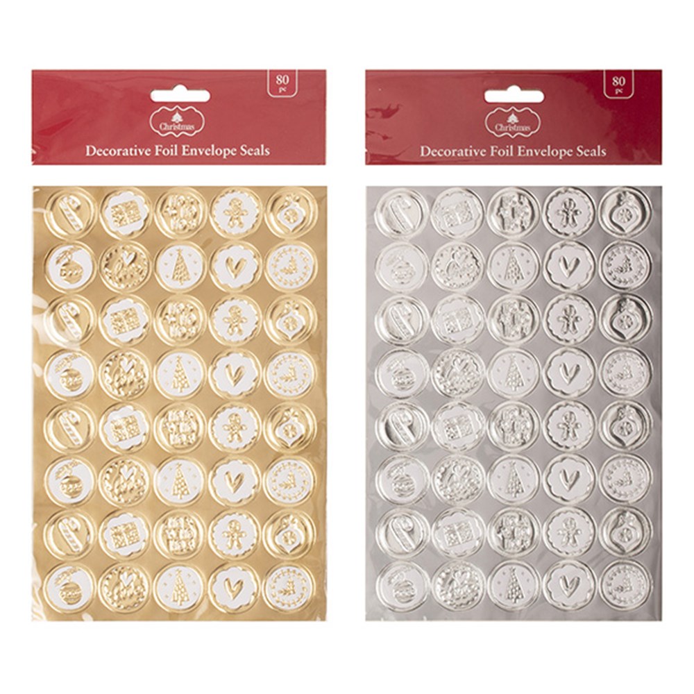64431 Envelope Seals Xmas w Emboss Foil 80pk 2 Asstd Gold Silver Dats