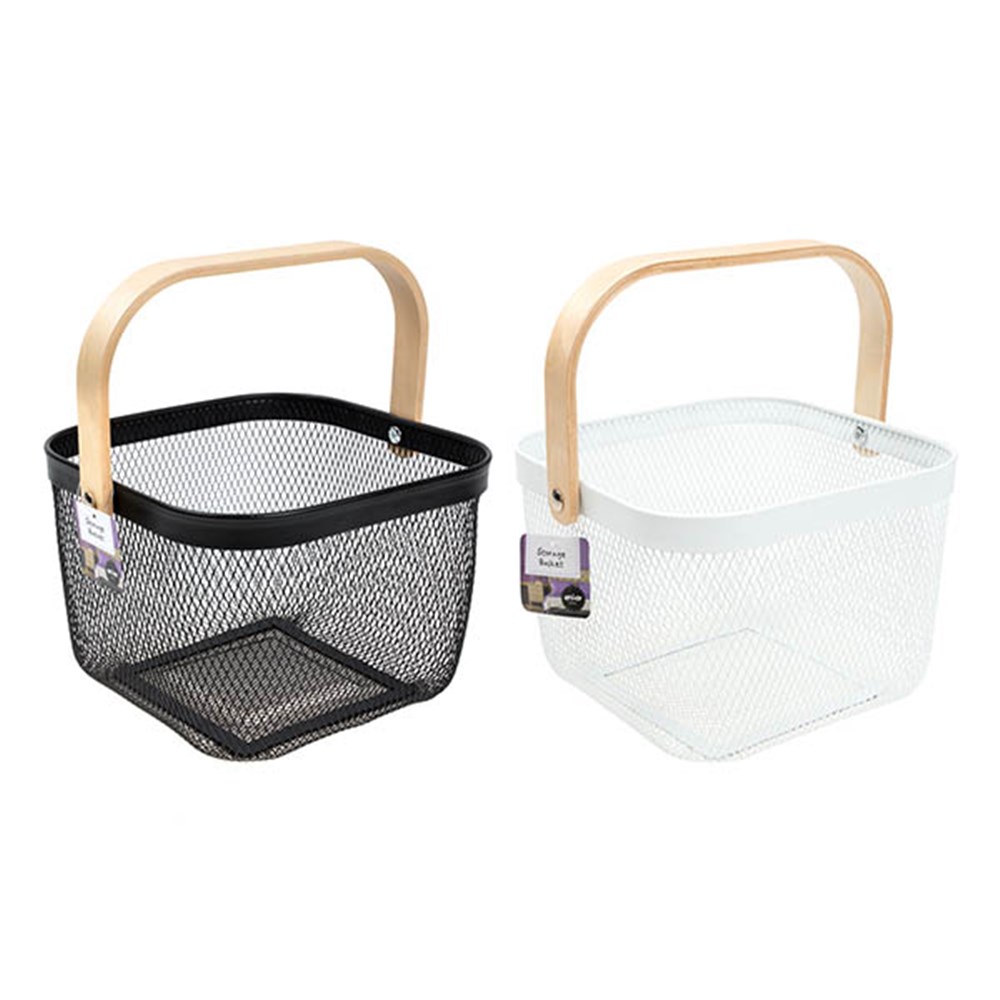 65051 Storage Basket Mesh w Wooden Handle 2 Asst Cols 25x25x17cm Dats