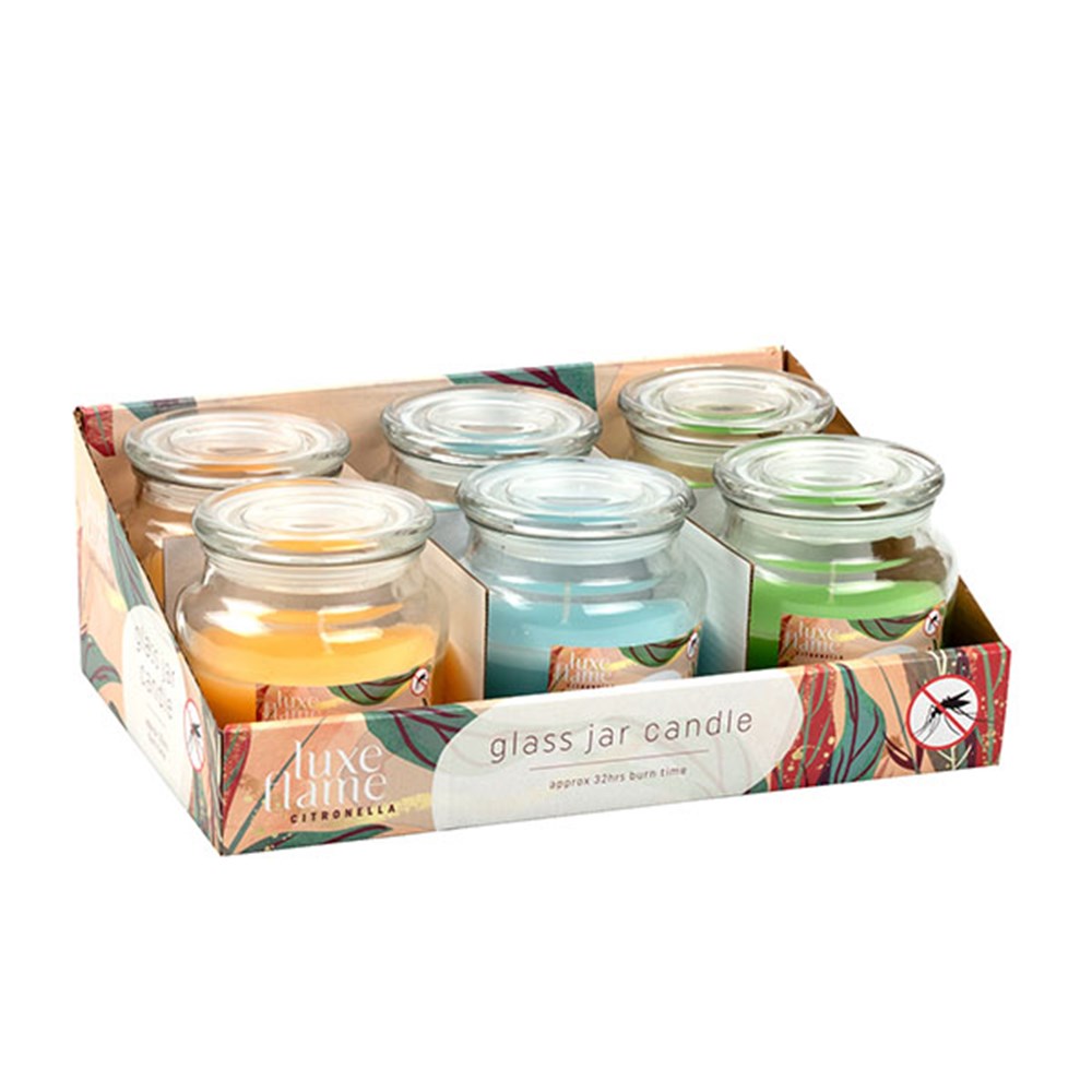 67158 Candle Citronella in Glass Jar w Lid 10x10x11cm 32hr Asst Col