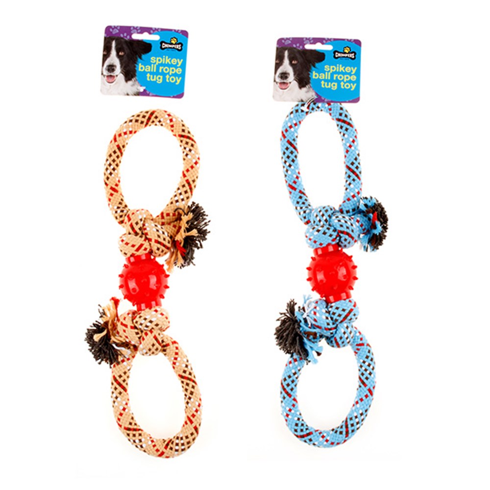 67404 Dog Toy Rope Double Loop w TPR Spiky Ball 35cm 2 Asst Dats